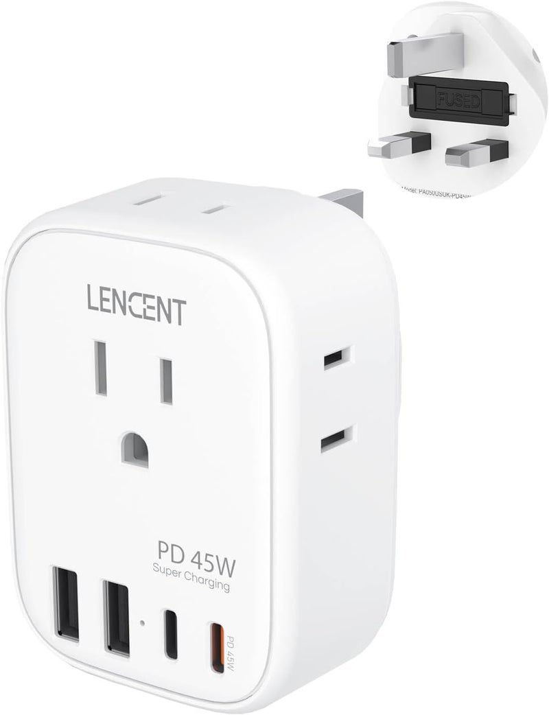 Lencent US to UK Ireland Travel Plug Adapter,PD 45W Grounded Type G Adapter for Travel with 4 Outlets 4 USB Ports (2 USB C), Power Plug for USA to Dubai Scotland British London England Hong Kong Irish - Image 1